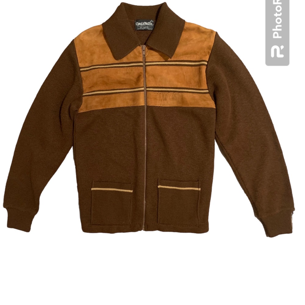 Vintage 70s zip up sweater Genuine Leather suede trim MADE IN USA brown SZ SMALL